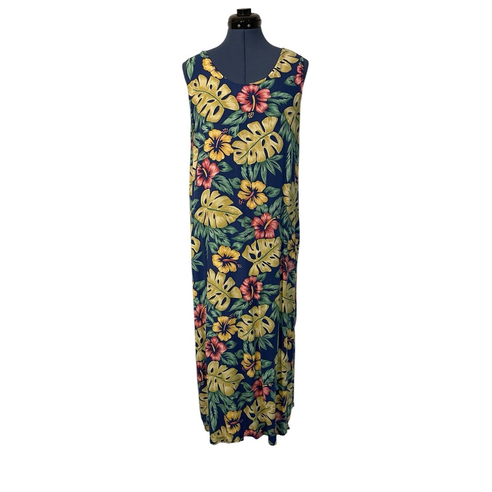 VTG Reyn Spooner Womens Blue Floral Hibiscus Sleeveless Maxi Dress Hawaiian XL
